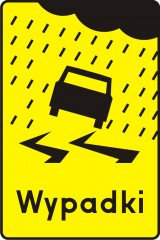 Das Schild weist auf die Stelle hin, wo es oft zu Unfällen aufgrund der glatten Oberfläche wegen Regenfälle kommt