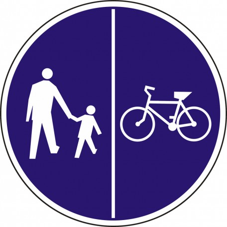 Znak wskazujący ruch pieszych lewą stroną drogi i ruch rowerów prawą stroną drogi